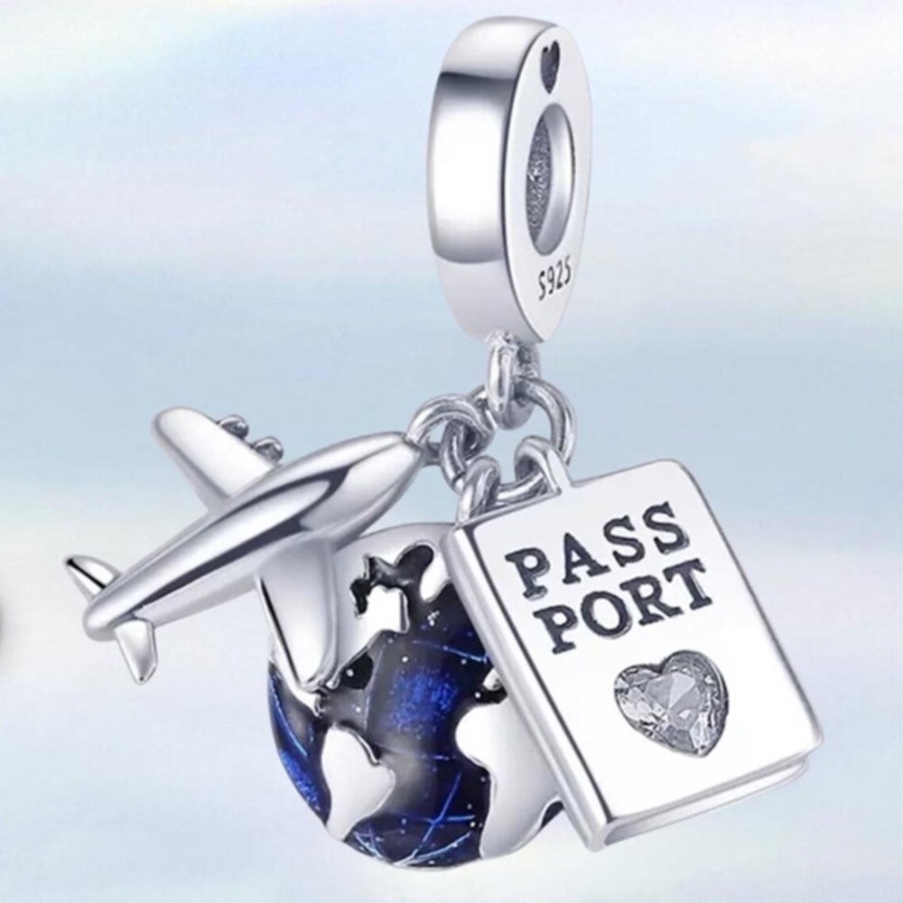 Sterling Silver Travel Airplane Passport Globe Dangle Charm-NEW